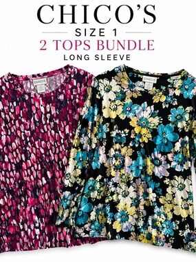 Chico's Size 1 Long Sleeve Tops Bundle - Pink Multi & Black Floral Teal